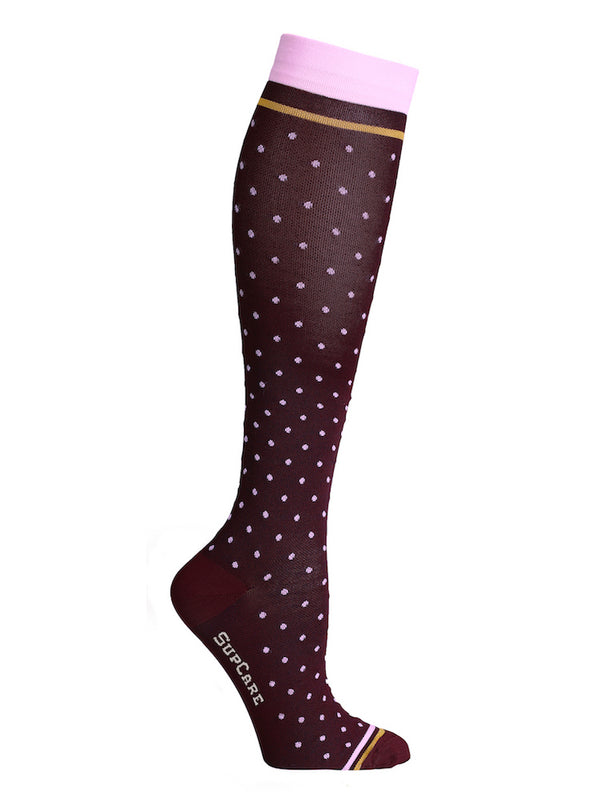 Meryl Skinlife compression stockings, bordeaux with pink dots