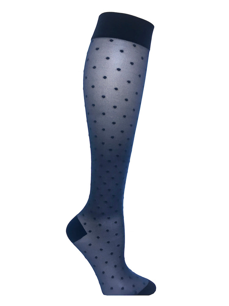 Nylon compression stockings, 70 denier, blue with dots